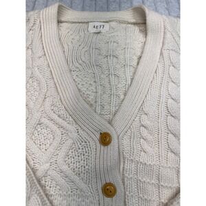 AE77 Cashmere Wool Blend Cable Knit Patchwork Cardigan Sweater Cream Mens Medium